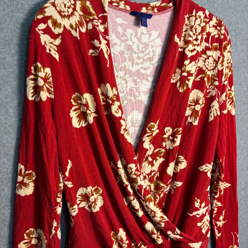 Aeropostale Floral Surplice Bodysuit Women's Medium Red Rayon Long Sleeve Boho - Picture 6 of 8